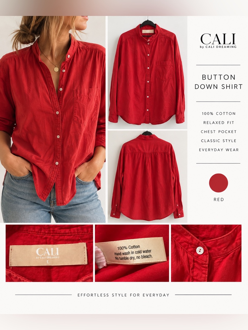 CALI by Cali Dreaming Red 100% Cotton Button Down Shirt Size L